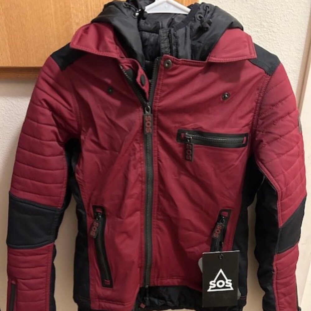 NWT orig $750 SOS Black Snow women's ski jacket SM/36 Black and burgundy